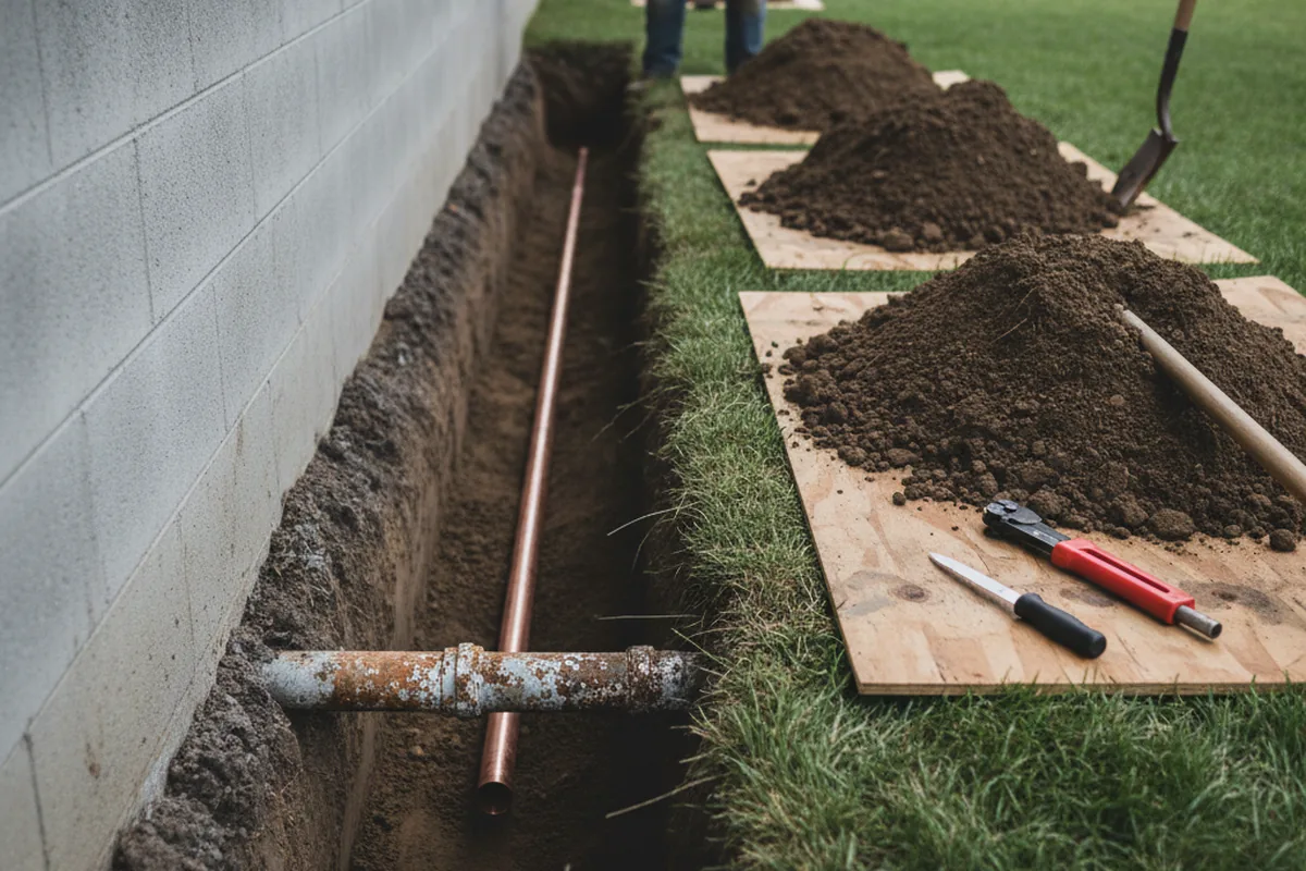 Excavated water line trench during Water Heater Repair in Stirling